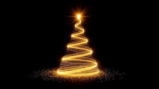 Glowing golden spiral light forming a minimalist holiday tree shape on dark space, elegant seasonal illumination design with warm radiant energy