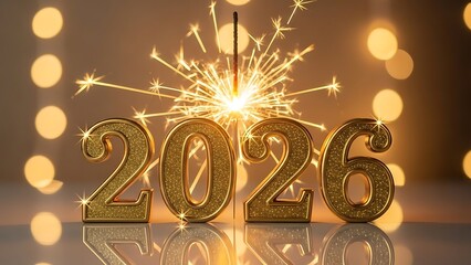 Title: Golden 2026 numerals with sparkling firework and bokeh lights on reflective surface