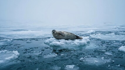 Fototapeta premium Seal resting on ice floe in Arctic waters, serene winter scene