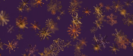 Artistic background with abstract golden snowflakes falling on a vibrant purple backdrop. Perfect for seasonal d
