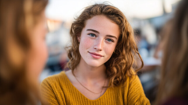 Thoughtful young woman standing with friends, warm natural light casting soft shadows, subtle expressions of empathy and quiet emotional connection, intimate supportive moment