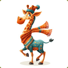 Vector illustration of a cheerful winter giraffe wearing a hat and scarf, isolated on a white background