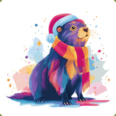 Vector illustration of a colorful beaver in a vibrant geometric style, wearing a hat and scarf, isolated on a white background