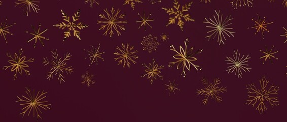 Stunning golden snowflakes pattern on a rich burgundy background, perfect for holiday greetings, winter designs, © vegefox.com