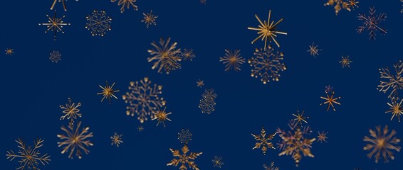 Elegant winter background with shimmering golden snowflakes against a deep navy blue sky. Perfect for holiday de