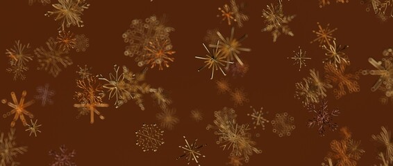 Artistic snowflake designs floating in a warm brown space, creating an abstract and serene winter scene. Perfect