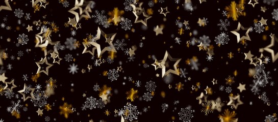 Abstract Christmas background of falling gold stars and snowflakes on a dark backdrop. Ideal for holiday design