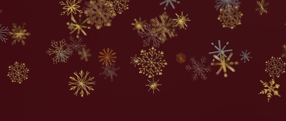 Abstract festive background with gold and silver snowflakes over a deep red backdrop. Perfect for Christmas, New