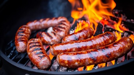 Fototapeta premium Grilled Sausages on Fire Juicy Meat Sizzling on a BBQ Grill,Summer Food , Barbecue