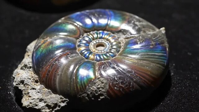 Iridescent Ammonite Fossil Displaying Vibrant Colors and Spiral Pattern.
