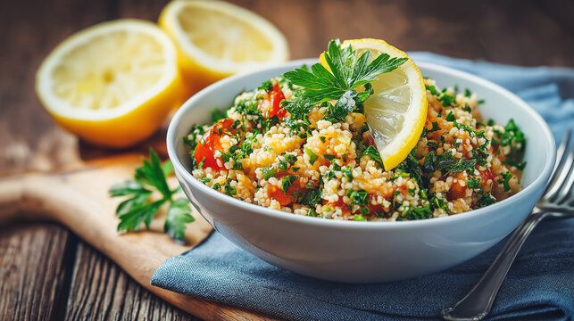 Traditional Middle Eastern tabbouleh salad with parsley, bulgur, tomatoes, lemon juice, olive oil