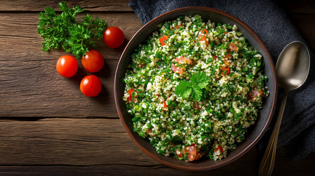 Traditional Middle Eastern tabbouleh salad with parsley, bulgur, tomatoes, lemon juice, olive oil