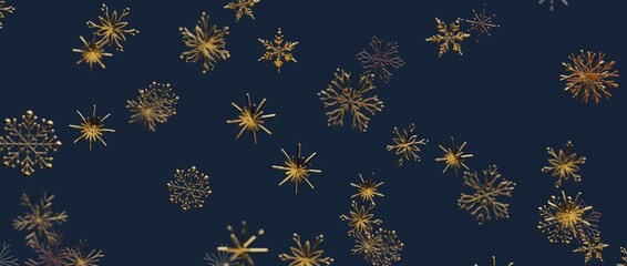 Stunning golden snowflakes floating on a dark blue backdrop, perfect for winter holiday designs, Christmas backg