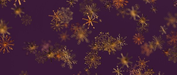 Elegant digital art featuring detailed golden snowflakes against a deep purple backdrop. Perfect for seasonal de