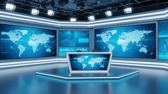 Futuristic News Studio Background Animation with Digital World Map Screens
