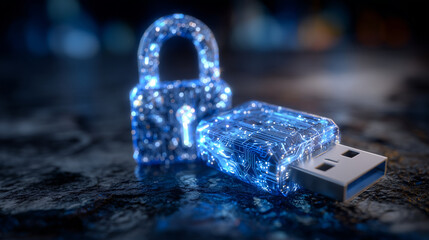 USB drive illuminated with blue light next to padlock, futuristic tech style, dark moody background, symbolizing cybersecurity and data protection