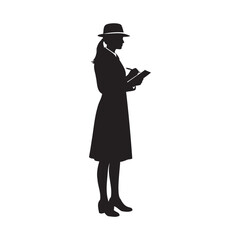 Silhouette of woman in hat reading book on black background