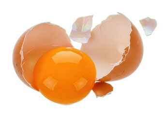 Broken egg revealing vibrant yolk and shell fragments transparent background