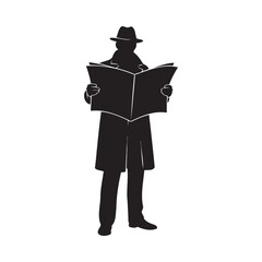 Silhouette of man in fedora reading newspaper on black background