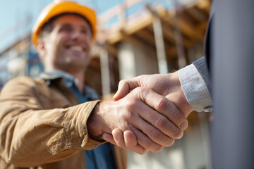 Close-up shot of a construction worker in a hard hat shaking hands with a businessman, symbolizing partnership, agreement, and successful collaboration on a building project.