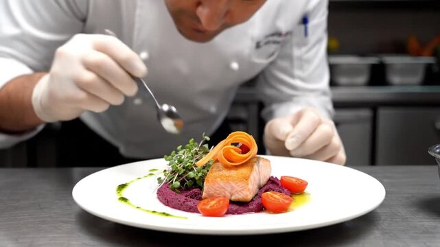 Professional chef plating a gourmet salmon dish, adding final delicate garnishes