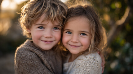 Little boy and girl hugging in a sunlit park, warm golden light filtering through trees, joyful expressions, capturing sibling love, friendship, and childhood innocence