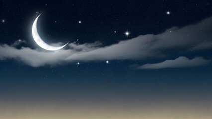 Naklejka premium Crescent moon and stars in a cloudy night sky with gradient horizon image photo