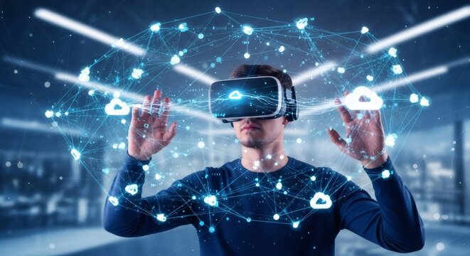 Man wearing virtual reality headset interacts with glowing internet network and cloud icon. Futuristic computing and virtual metaverse concept. - Powered by Adobe