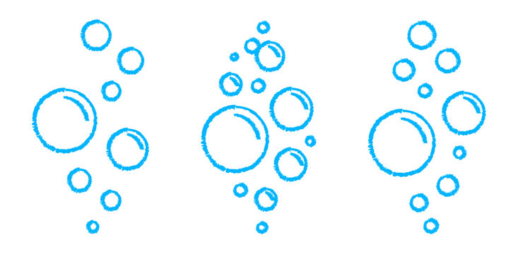 Set of soap and water bubbles drawn with chalk, crayon, pencil and charcoal. Childlike pastel hand drawn bubble elements with wax pen line texture. Bubbles illustrated in doodle sketch style.