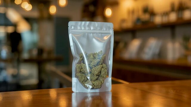 Transparent resealable pouch containing dried cannabis buds displayed on wooden table, legal marijuana product packaging in modern retail environment