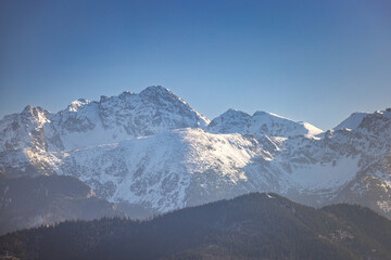 Tatra Mountains above Zakopane town in Poland, Europe. Majestic snow-covered mountain range against a clear blue sky, showcasing the beauty of winter landscape with forested hills below.