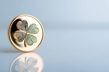 Golden coin with four leaf clover for luck