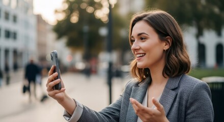 Happy woman on video call using smartphone outdoors. Social network connection, remote work and communication technology concept.