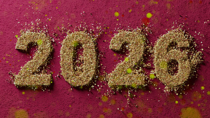 Glittering 2026 Numbers Create Festive Gold Sparkle On Pink Celebration Background For New Year