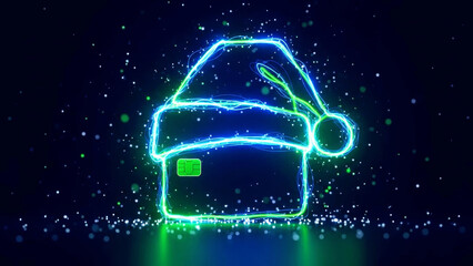 Santa hat shape formed by neon lines over a credit card with micro chip. Christmas online shopping and holiday present concept.