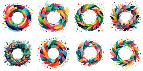 Colorful Abstract Wreath Illustration Set &mdash; Geometric Leaf Rings with Paint Splatter Accents, Modern Flat Vector Collection