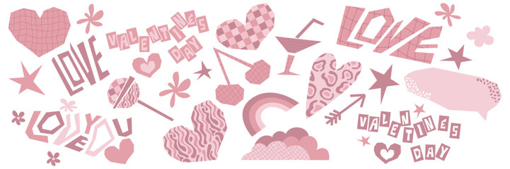 A set of collage paper elements cutouts in the shapes of hearts and irregularly shaped "love" lettering. Grunge style stickers for scrapbook. Pink cutouts for Valentine's Day and Y2K aesthetics.