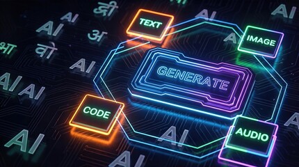 Futuristic digital interface showcasing artificial intelligence capabilities, featuring vibrant neon elements for text, image, audio, and code generation in a high-tech environment