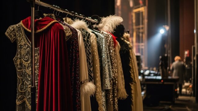 Elegant theater costumes hanging on rack backstage, ready for performance. Ornate theater costumes with velvet, feathers, and sequins prepared for actors.