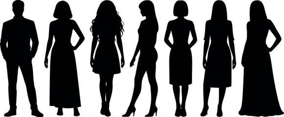 group of people silhouettes in various poses and clothes