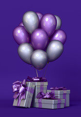 Colored gift box with ribbon and balloon on background. 