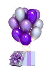 Colored gift box with ribbon and balloon on background. 