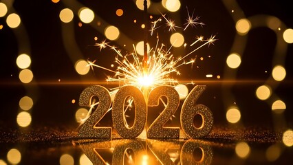 Sparkling golden 2026 with firework and bokeh lights on dark background