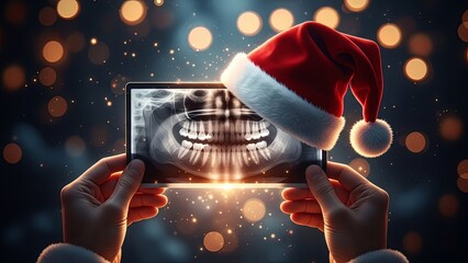Woman holding dental x-ray with Santa hat. Christmas dental care. Holiday dentistry concept for hygiene promotion and gift card.