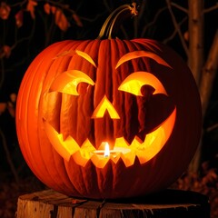 Fototapeta premium Jack-o-lantern with carved face illuminated at night