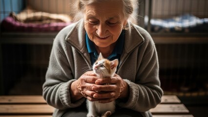 Elderly woman cat gently holding small domestic kitten in animal shelter environment. Elderly woman cat showing compassion and care for tiny Felis catus, promoting animal adoption awareness.