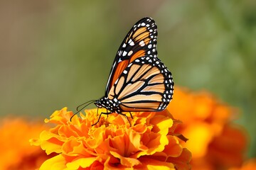 Fototapeta premium Orange and black butterfly resting on bright orange marigold flower