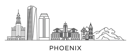 Obraz premium City skyline illustration in a minimalist line art style featuring modern skyscrapers, a clock tower, historic buildings, and a unique mountain range shaped like a reclining feline