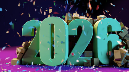 Celebration Of 2026 With Colorful Confetti And Cardboard Boxes In A Festive Scene
