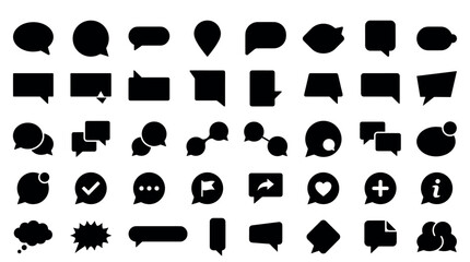 Fototapeta premium Large collection of black speech bubble icons in various shapes and styles for communication and messaging concepts, presented as a flat minimalist graphic symbol set